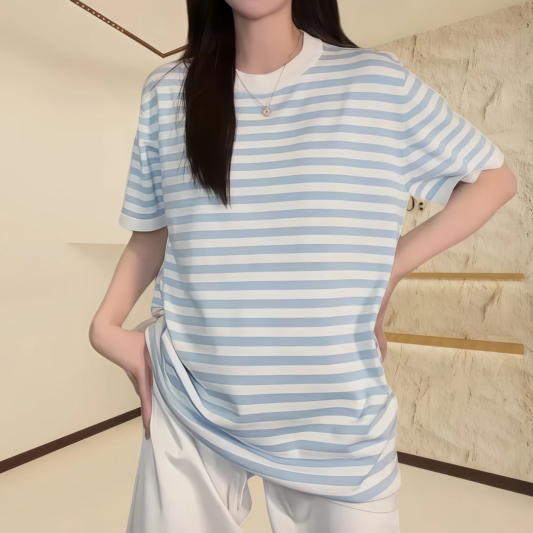 2025时尚条纹宽松圆领短袖T恤休闲百搭显瘦蓝白条纹控上衣
