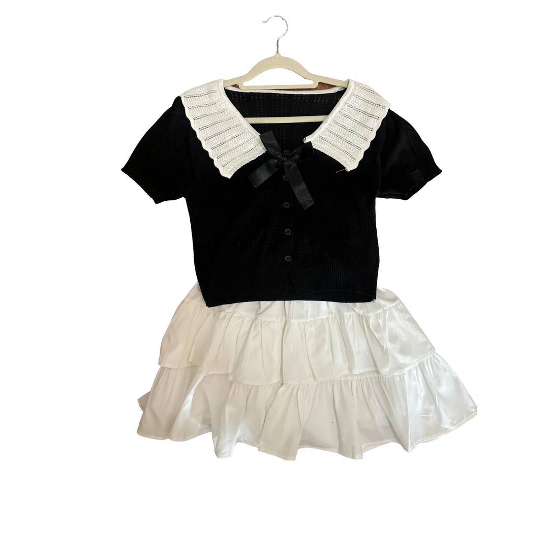 法式蝴蝶结撞色拼接针织T恤女娃娃修上衣＋百搭百褶裙套装