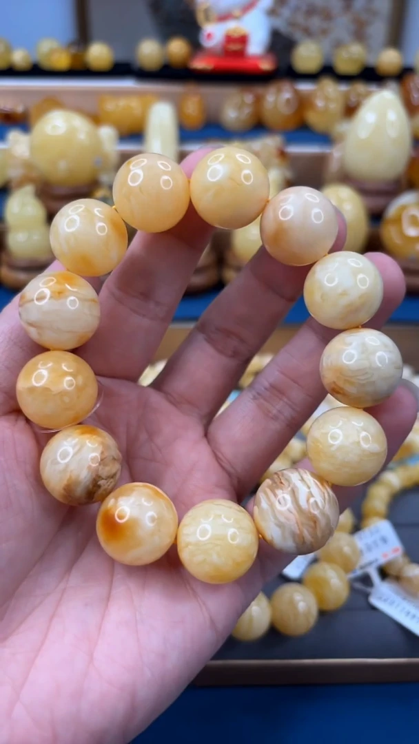 手串琥珀未镶嵌p65奶豆花蜡虎皮单圈 18-19mm 45.09克