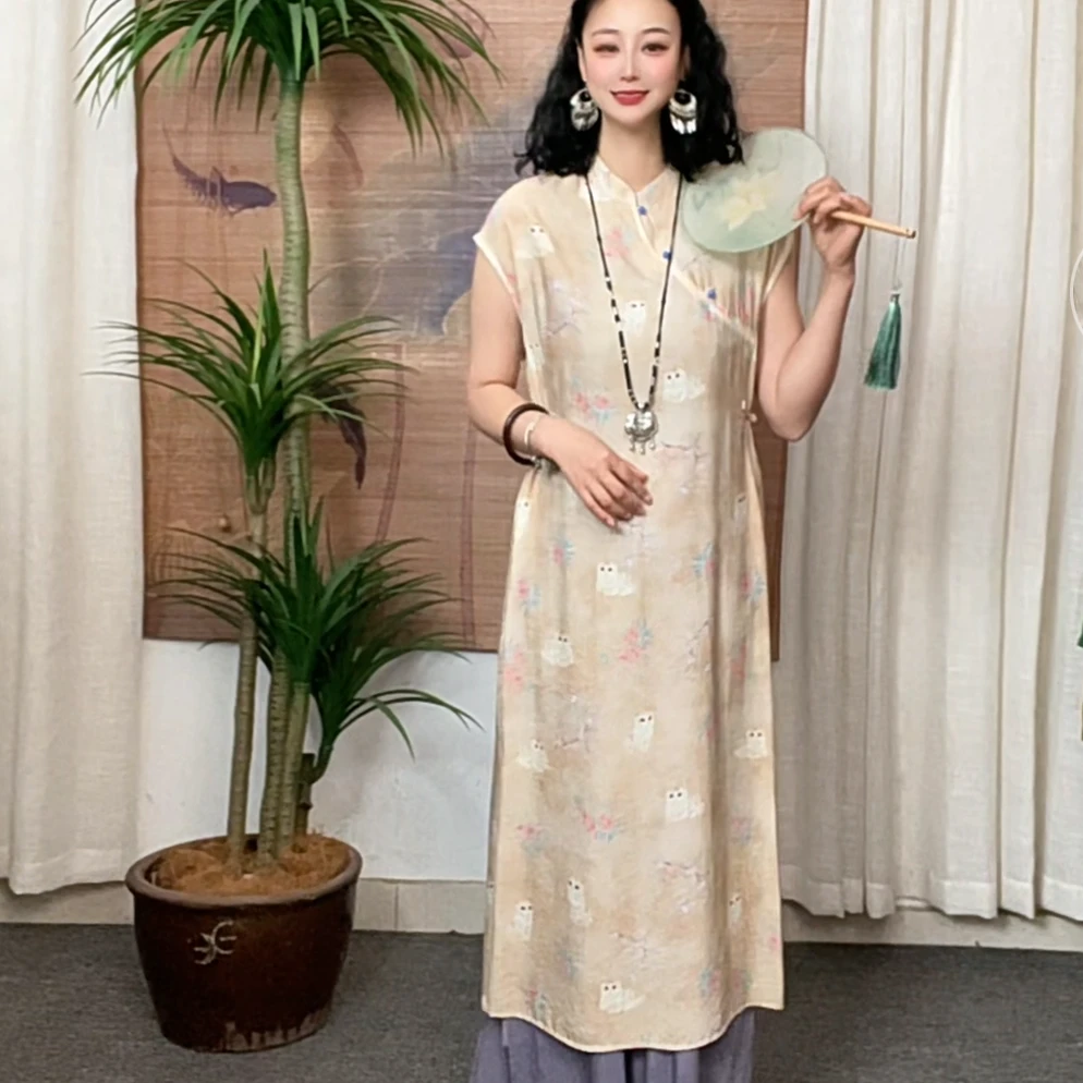 507-9新品正版月亮袖高货显瘦百搭气质文艺风复古棉麻禅意旗袍裙