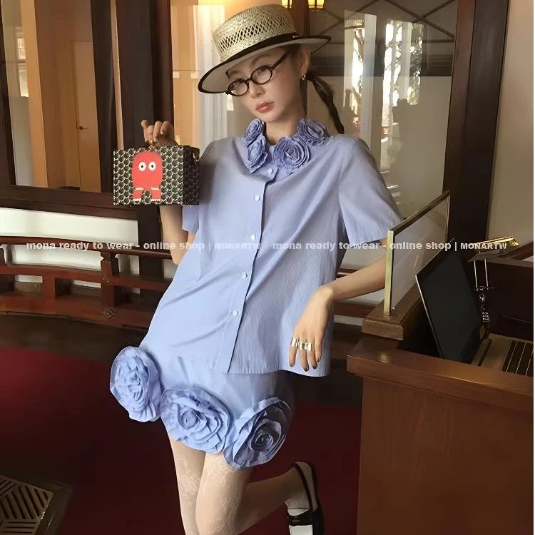 MONA 重工设计感小众 条纹衬衫高腰裙裤套装女小个子 2025新款