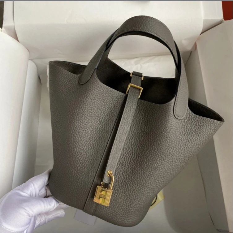 99新 Hermes/爱马仕 菜篮子22锡器灰金扣tc皮c手提包8595081