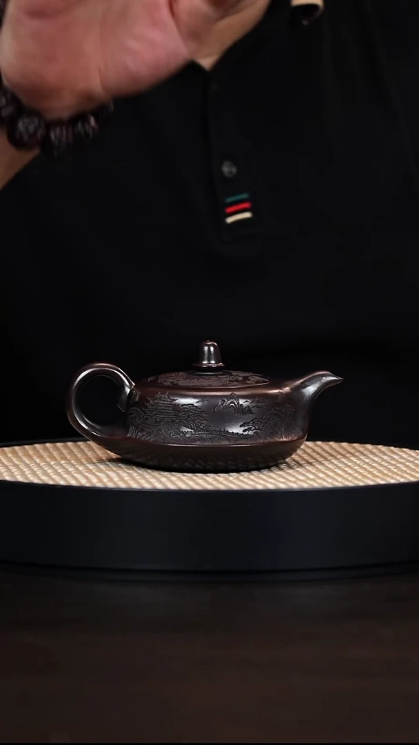 茶壶紫砂曲壶 乌金泥