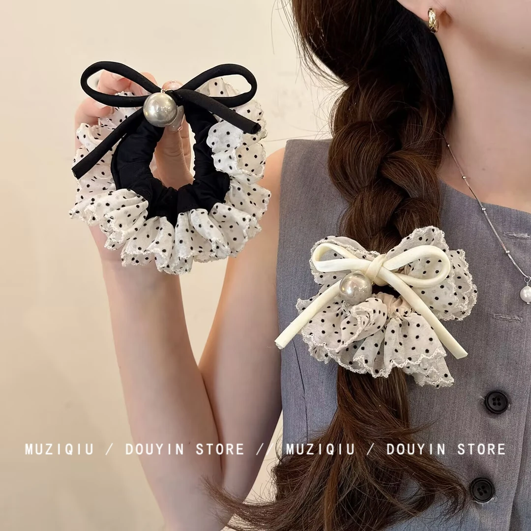 木子秋温柔波点木耳边蝴蝶结大肠发圈高级感气质时尚复古简约发饰