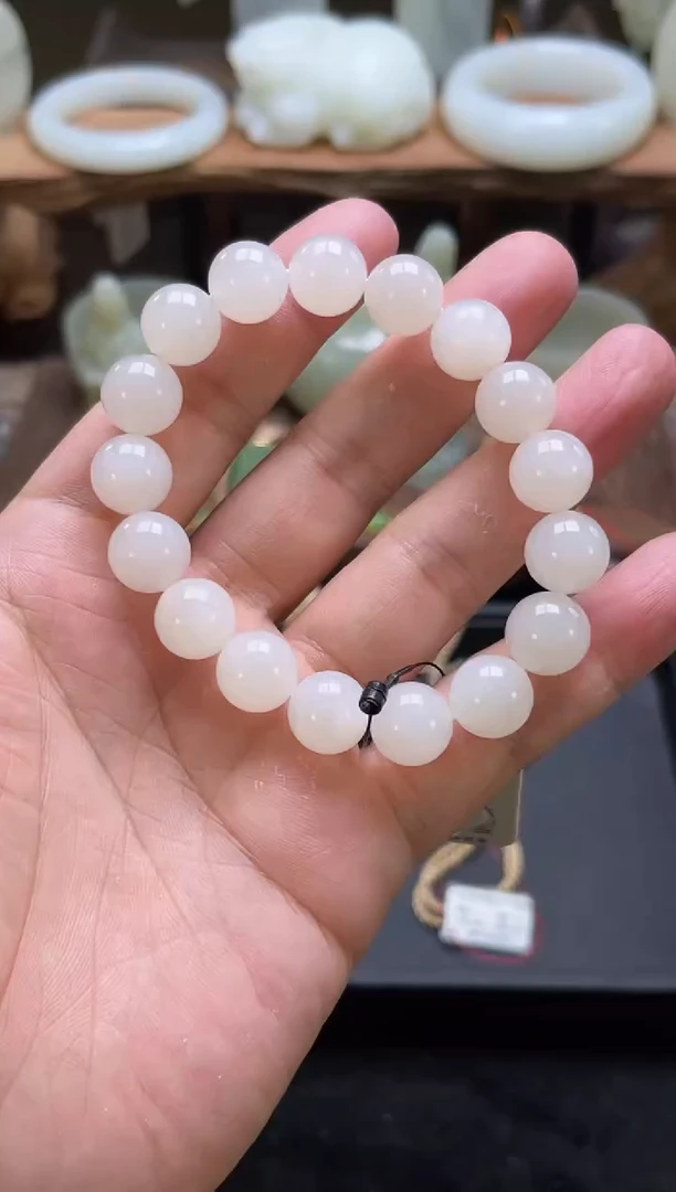 【闪购商品】和田玉手串未镶嵌卡12且末天泰白玉 圆珠 30528