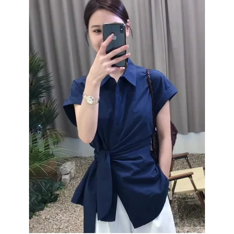 2025夏季新款女装翻领收腰系带休闲短袖衬衫气质百搭显白时尚上衣