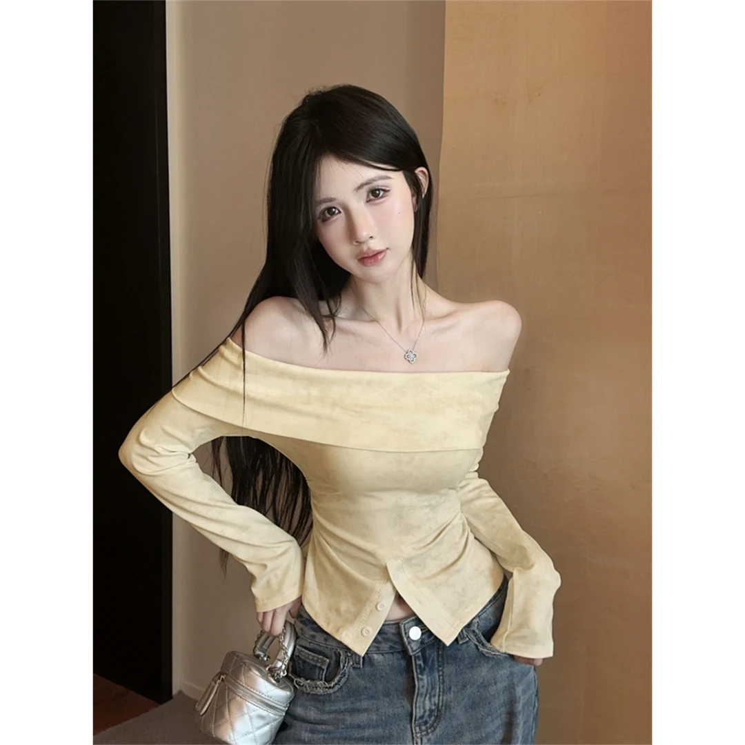 扎染长袖t恤女春秋款小众独特别致复古修身辣妹一字肩上衣