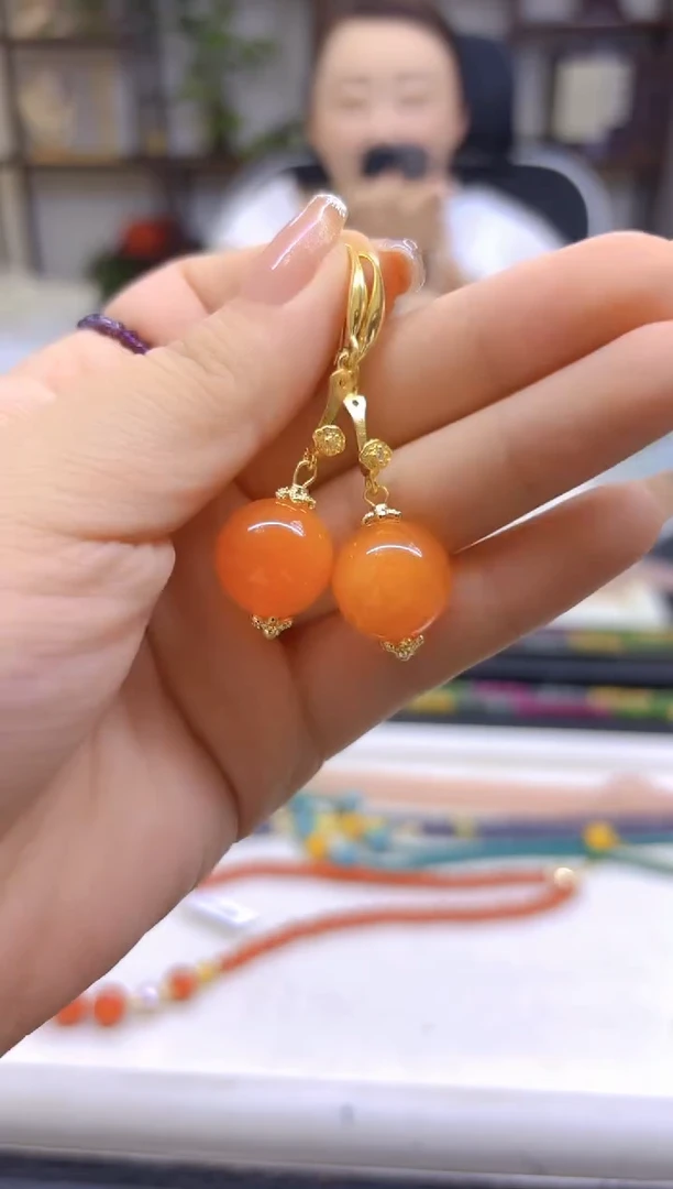 14K金镶嵌蜜蜡耳饰DIY款E722