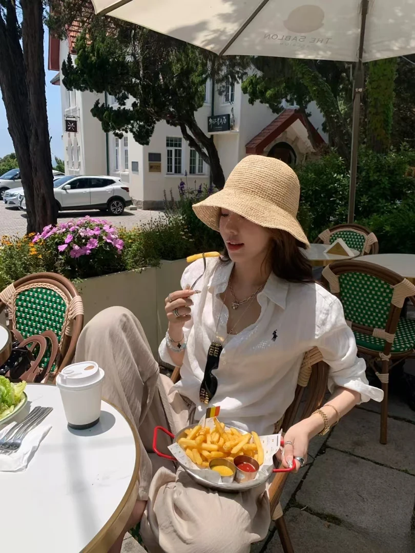 老钱风亚麻纯色经典小马刺绣衬衫防晒开衫夏季长袖衬衣休闲3.0