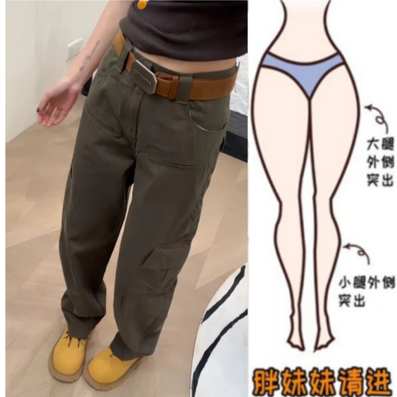 暖暖家秋季秋新款时尚设计感百搭高腰显瘦直筒工装拖地长裤牛仔裤