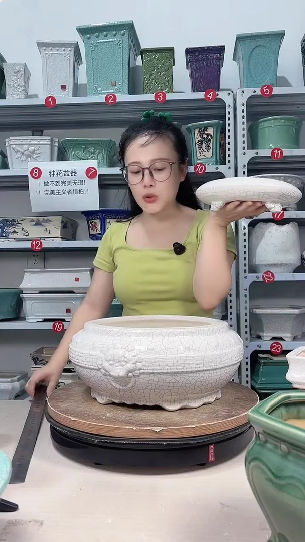 白色冰裂大口径圆盆精品盆