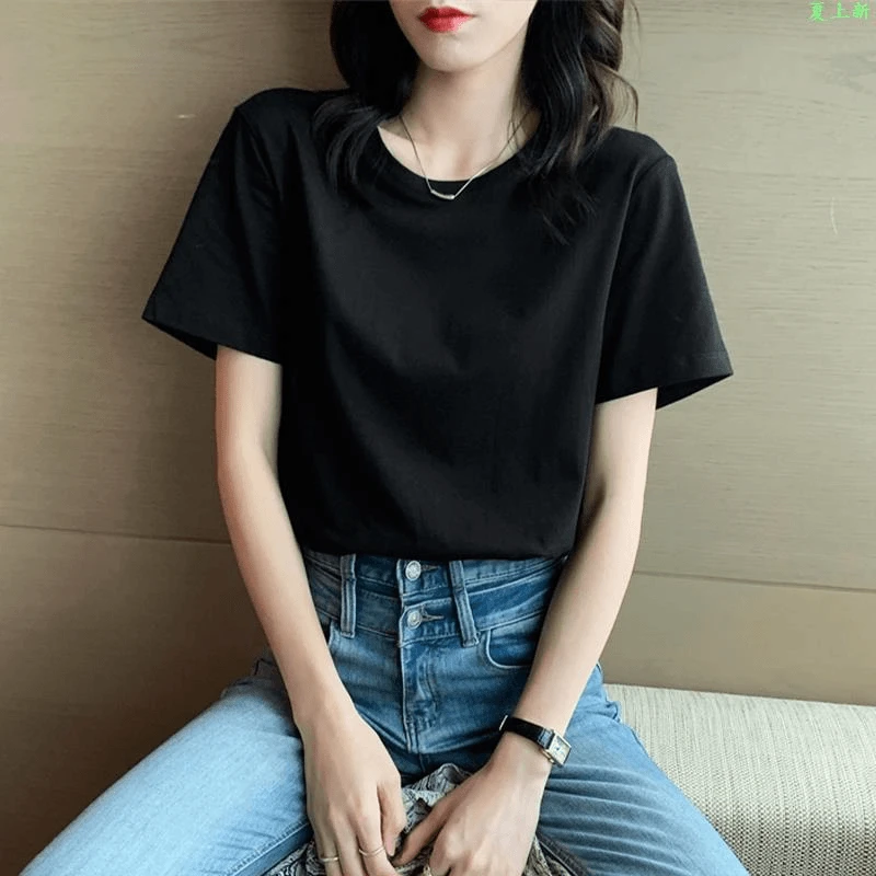 拉夏贝尔黑色t恤女短袖春夏2024宽松内搭打底衫显瘦正肩半袖上衣