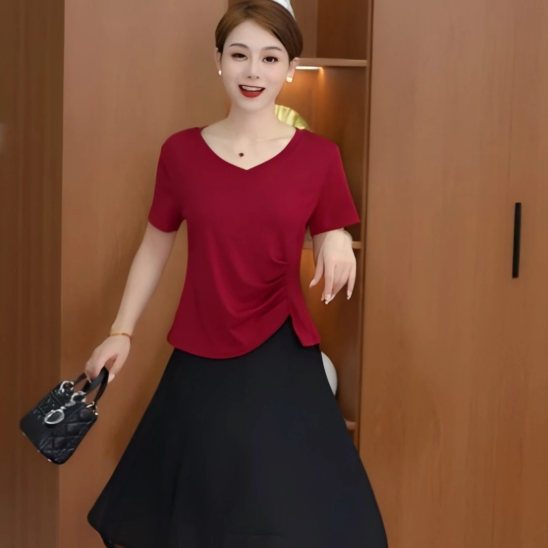 2025新款爆款女短袖T恤显瘦气质修身时尚夏季不规则上衣遮肚子V领