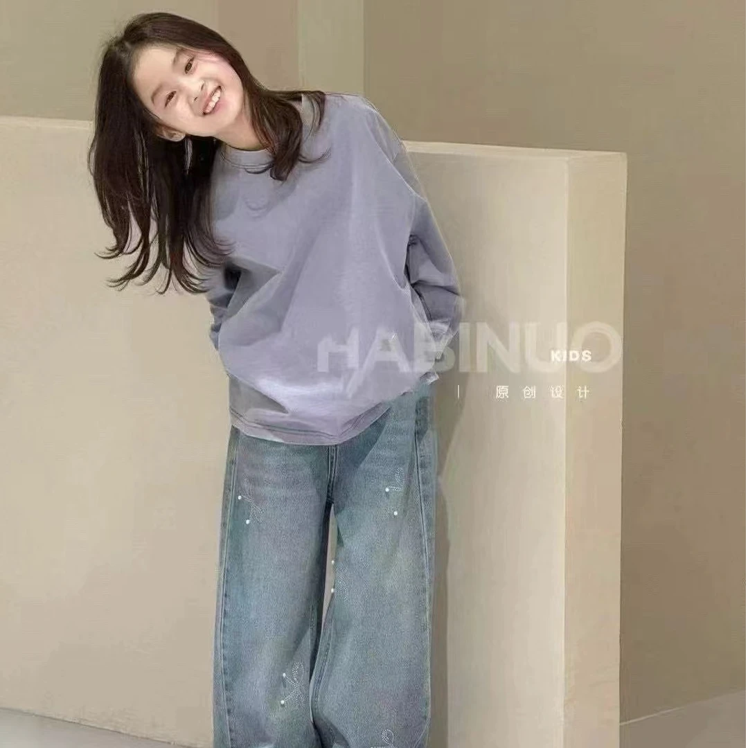 （大组尺码）2025春季新款女童牛仔裤水洗珍珠时尚宽松休闲百搭韩版