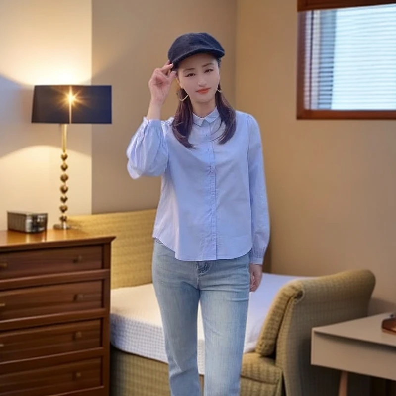 4830粉色天蓝色长袖衬衫2025新款薄细领纯棉100%白衬衫时尚衬衫