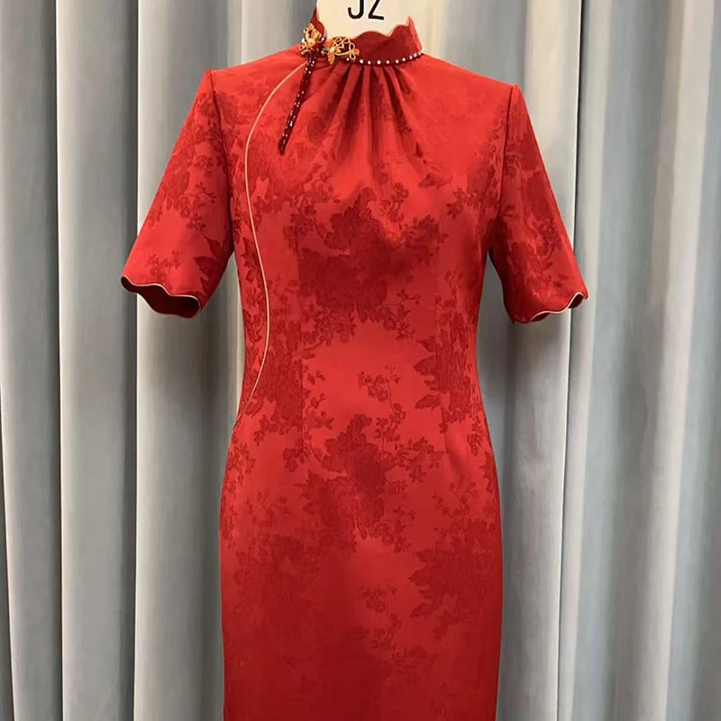 短袖时尚花纹简约风修身婚礼旗袍喜婆婆婚宴礼服常规款优雅网红