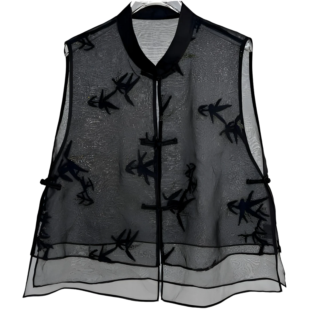 中国丝绸百百生丝绡兔毛金丝刺绣双层百搭立领马甲马夹上衣M2W522