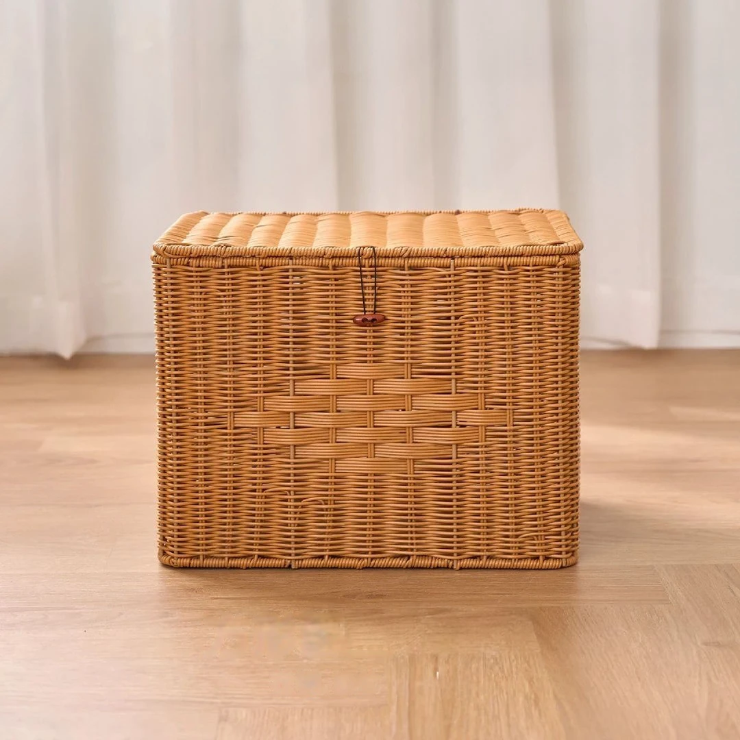 BB7[大收纳箱]纯手工编织长方形带盖纽扣大容量收纳筐箱40*30*30
