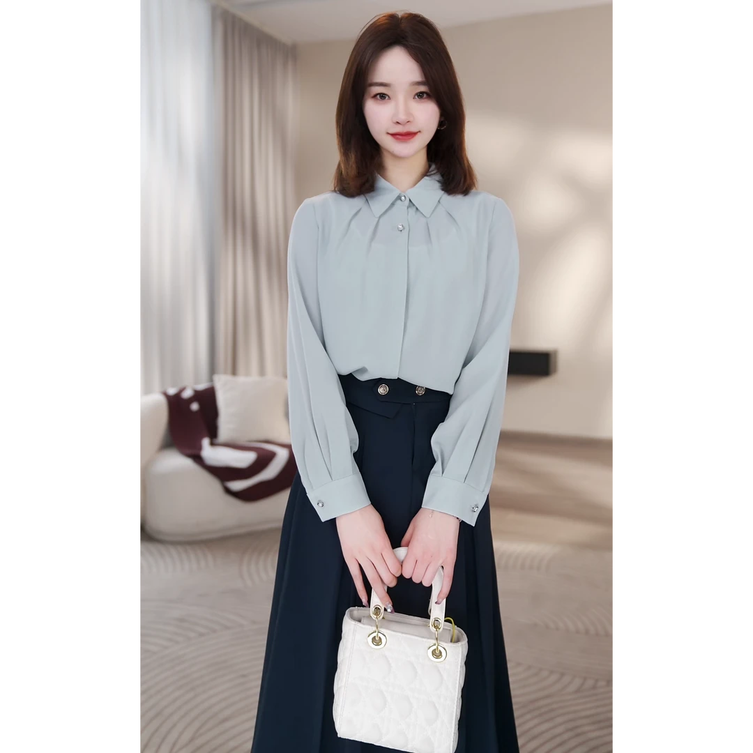 【曼贝】气质风定制款天青蓝长袖衬衫女时尚设计感6393001【佳莹】