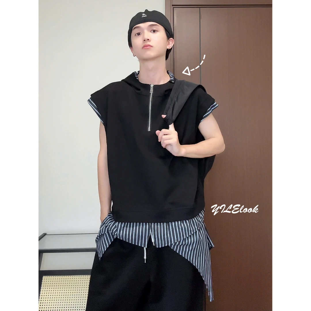 QIUYIDAODI夏季设计感拉链无袖拼接休闲美式假两件连帽套装muji风