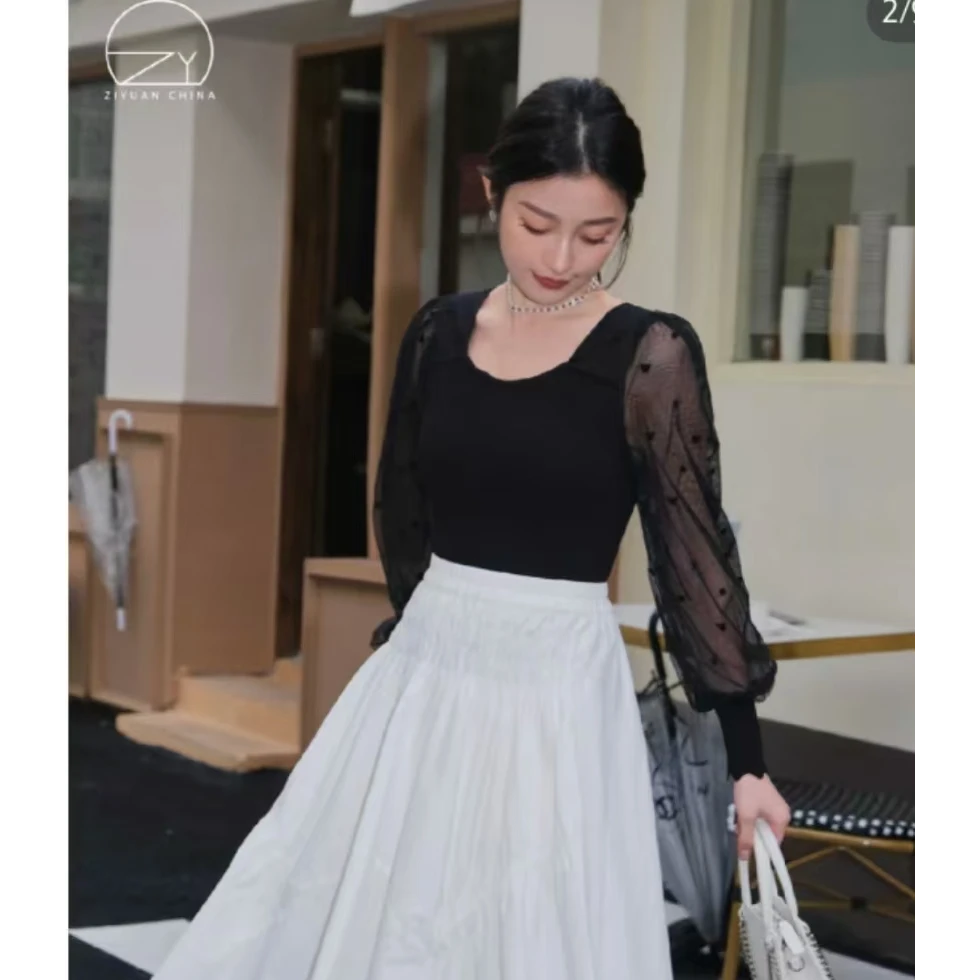 精品网纱袖小衫9083