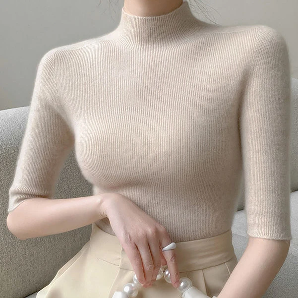 春夏半高领女半袖毛衫五分袖高级感内搭修身显瘦百搭毛衣短袖外穿