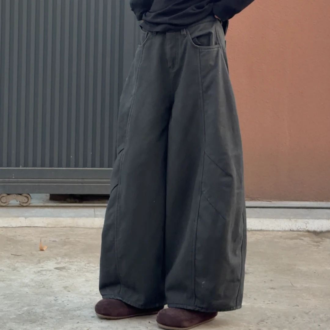 橘子罐头冬季新款百搭复古加绒加厚宽松纯色工装阔腿休闲裤