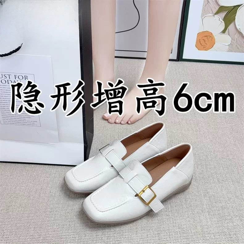 小个子内增高6cm乐福鞋女2025秋季新款一脚蹬软底豆豆鞋真皮单鞋