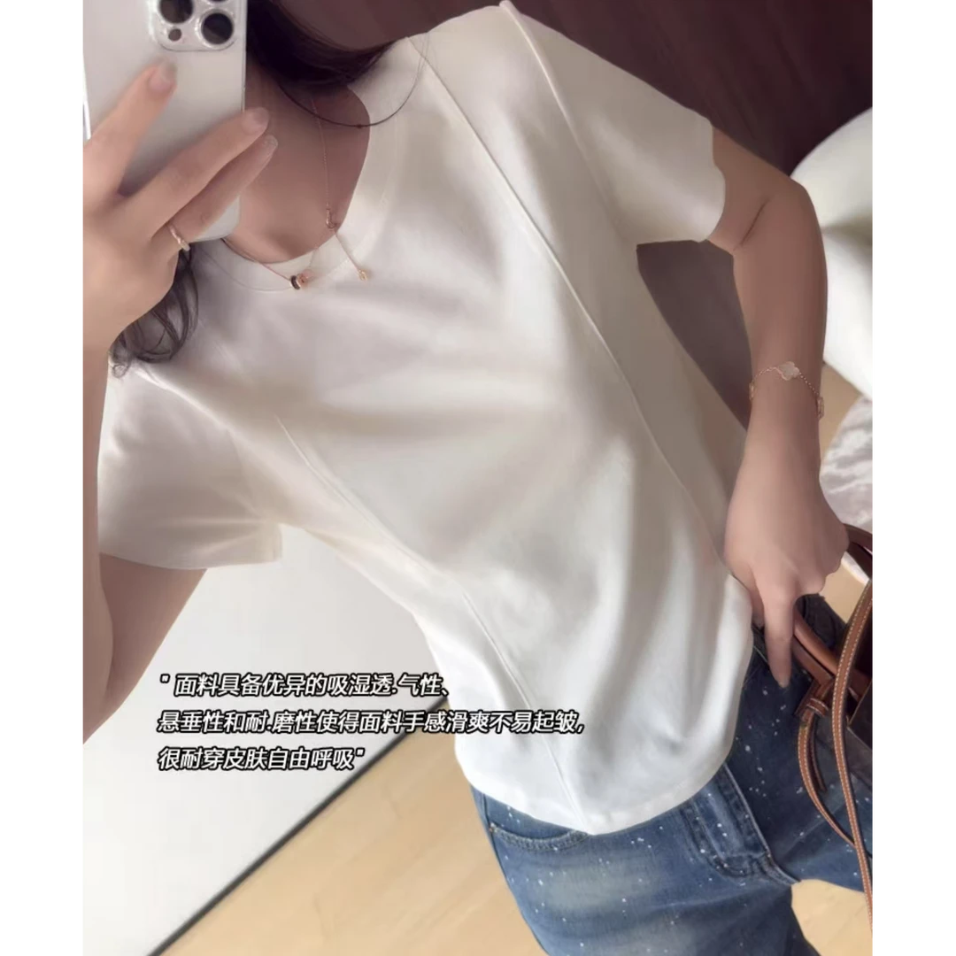 10A抑菌鱼骨线显瘦t恤女夏季2025新款圆领修身短袖洋气上衣