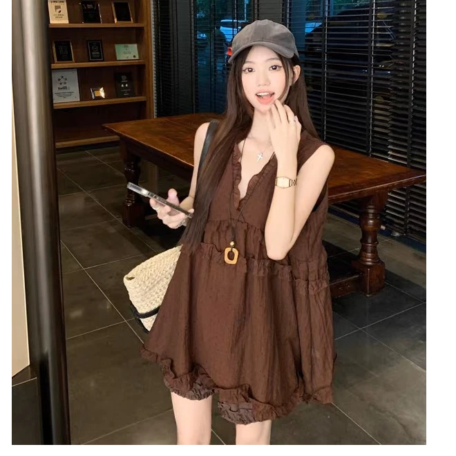 夏季韩版孕妇装V领咖色木耳边无袖宽松娃娃衫显瘦洋气中长款上衣