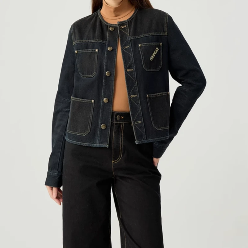GIRDEAR/哥弟品质女装精致圆领拼接四口袋设计牛仔外套140008