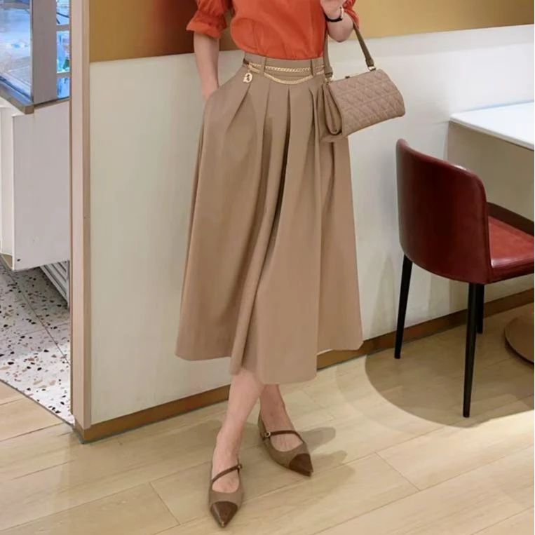 GIRDEAR/哥弟【阿拉善之夏】卡其高腰气质百搭显瘦A字半身裙1200375