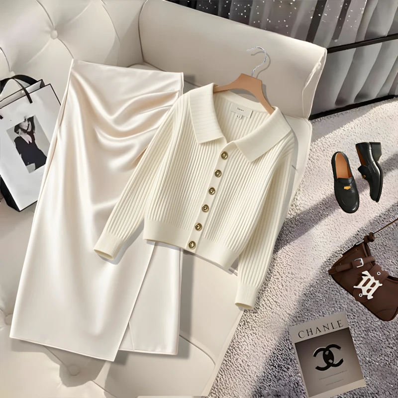 法式高端轻奢针织开衫毛衣女2025秋季新款简约杏色百搭半身裙套装