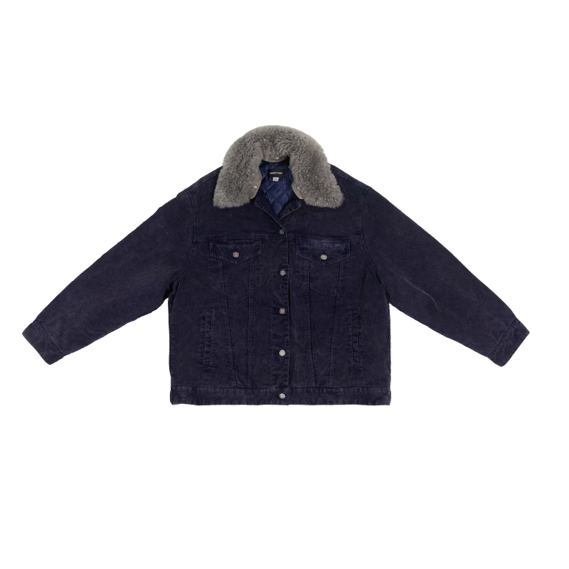 DNT/韩火火 复古经典oversize撞色毛领设计条绒炒雪花外套新