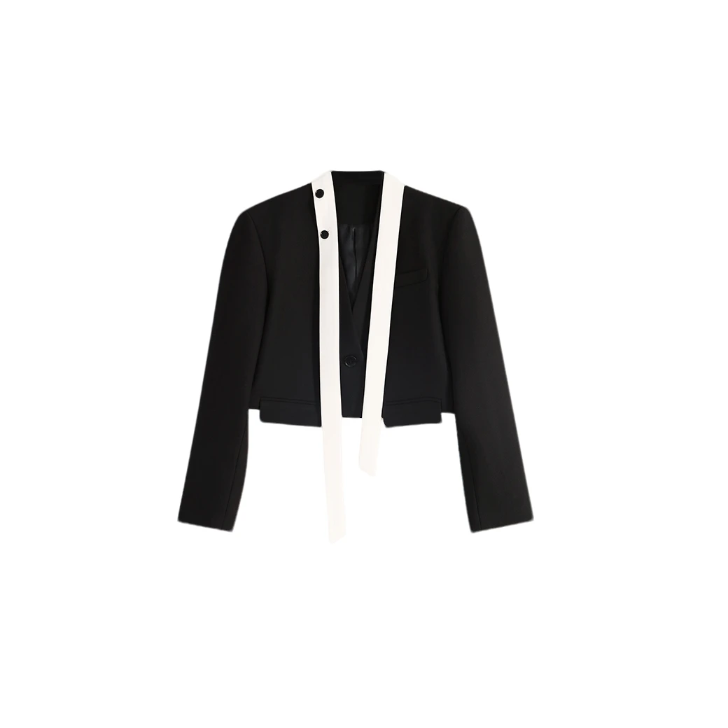 邓蕾婷【白飘带】气质时尚拼接撞色设计感轻奢休闲百搭短款西装