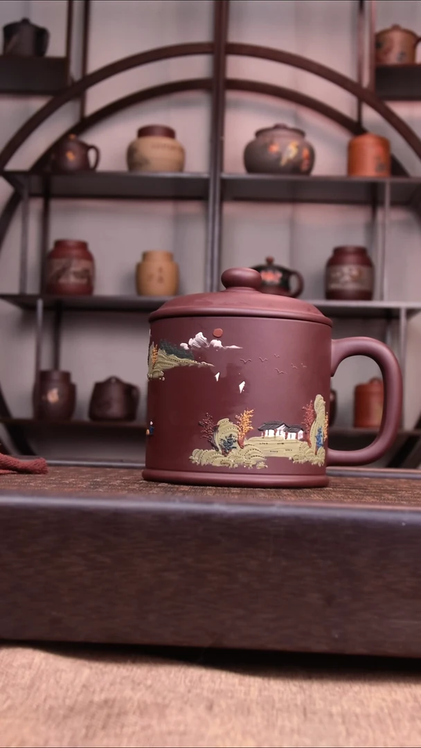 茶杯紫砂手工泥绘山水 老板杯500CC容量