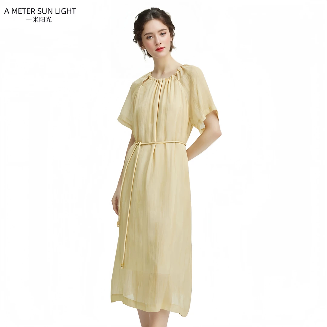 夏天裙子女夏季新款时尚圆领裙子中长款连衣裙+腰带温婉大方衣服