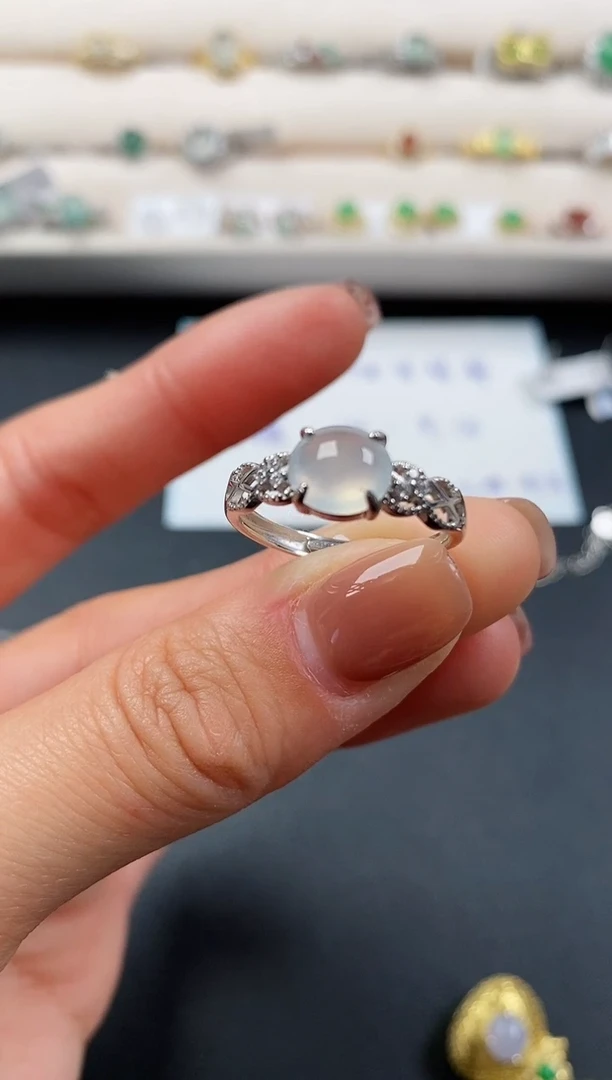 银S925镶嵌戒指翡翠天然缅甸A货翡翠22  5-6