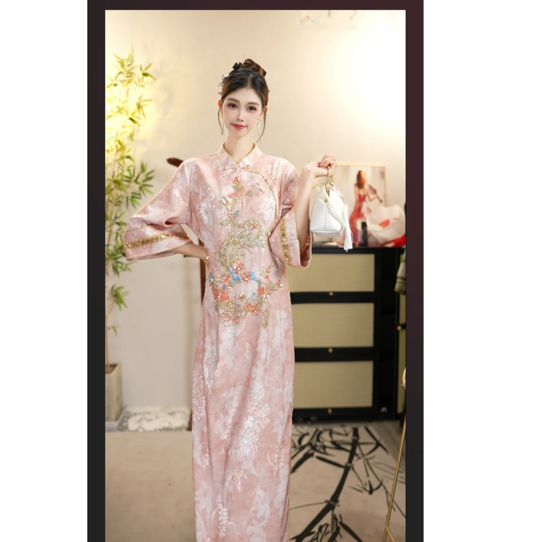 花想容2025夏季新款中国风飘逸日常粉黛长款连衣裙（1562）