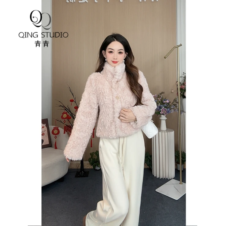 【青青定制】小个子冬季新款单排扣通勤环保皮毛一体立领毛毛短外套