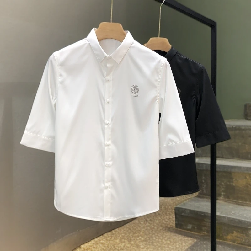 韩版帅气衬衫男士短袖潮流印花中袖衬衣2025年夏季个性五分袖寸衫