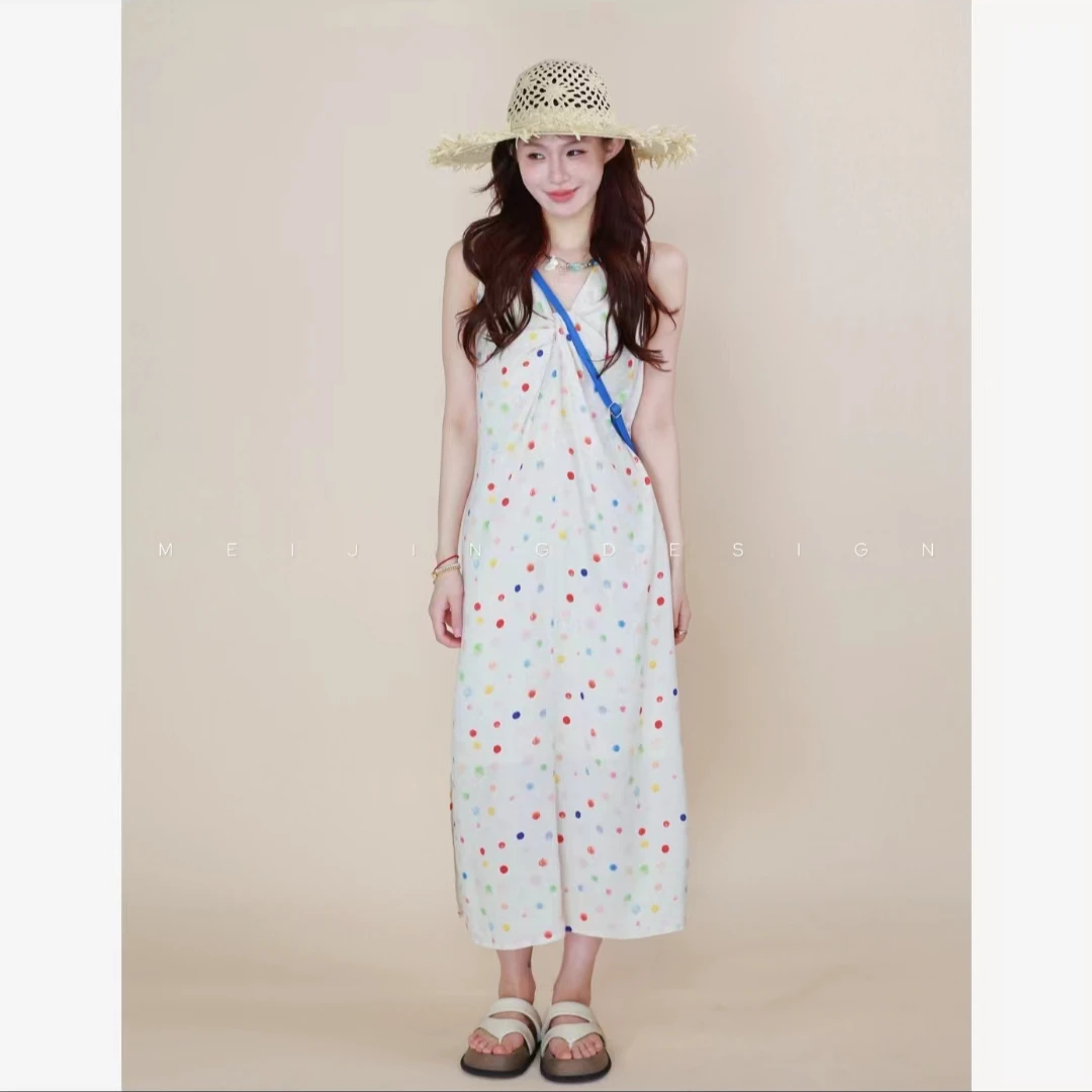 美静【彩虹糖】 花色波点棉麻连衣裙XMZH3715（清）