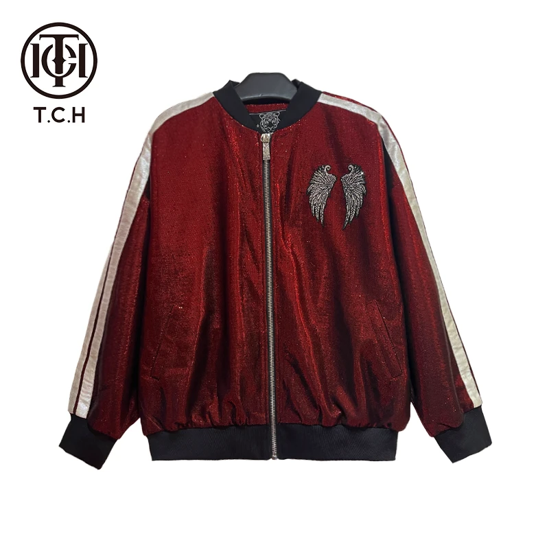 TCH服饰店播-潮牌亮丝条纹翅膀渐变棒球领拉链式夹克T69C16E6005