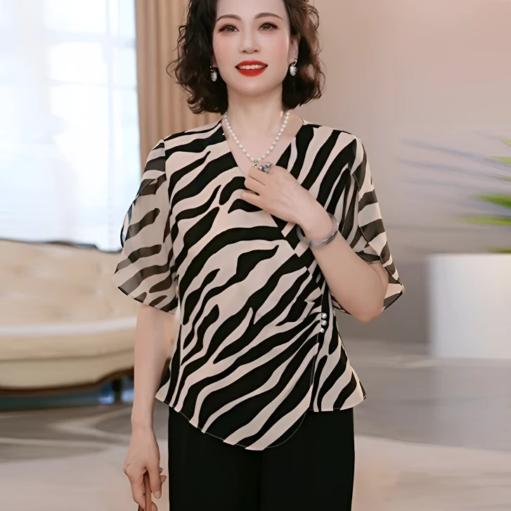 中年妈妈装V领短袖时尚套装2025夏季新款气质宽松显瘦上衣两件套