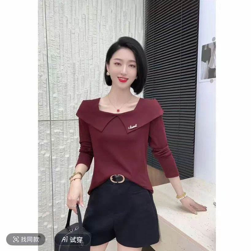 春秋时尚纯色方领长袖上衣显瘦百搭气质女T恤洋气减龄休闲小衫