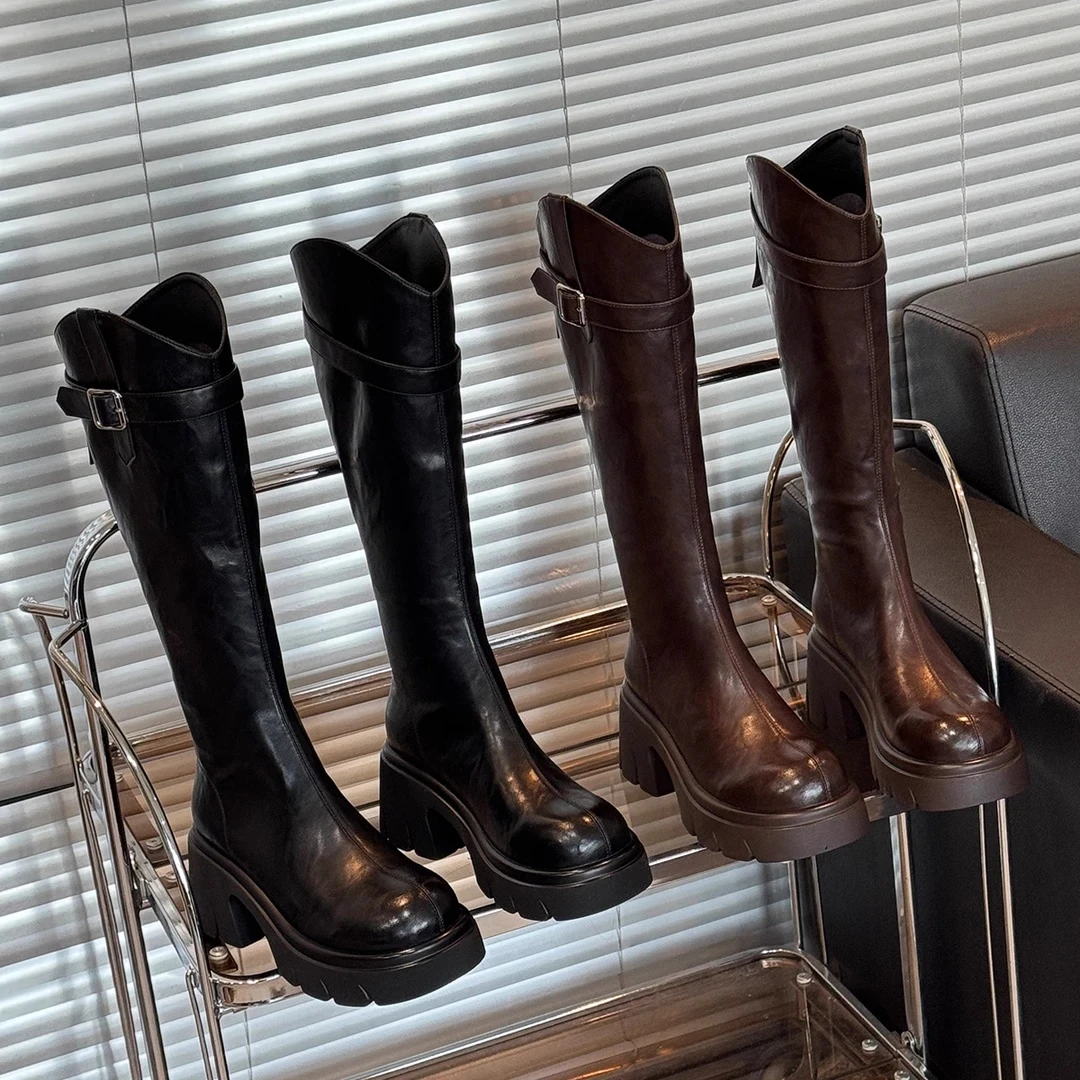 增高7cm真软皮2025秋冬新款长筒靴不过膝厚底时装靴不掉筒骑士靴