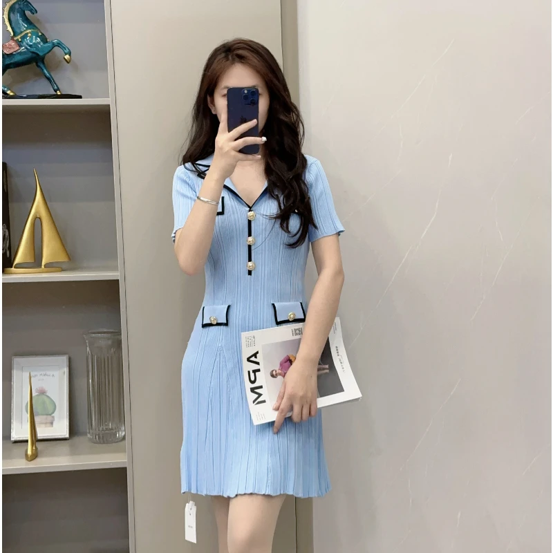 679洋气复古短款轻奢时尚气质名媛针织百搭收腰修身连衣裙