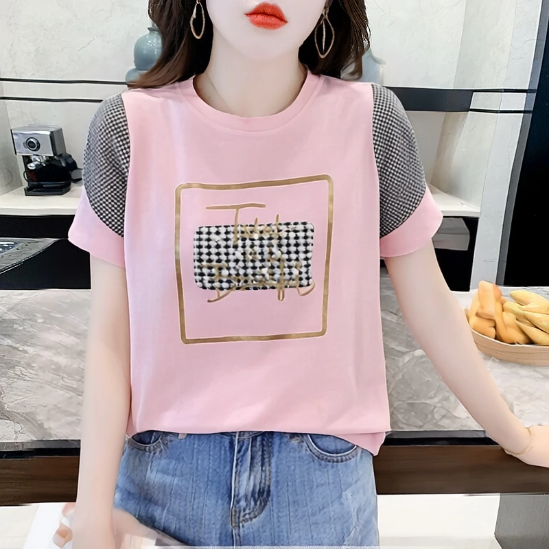 短袖T恤女小众设计感格子夏装2025夏季新款洋气字母印花圆领上衣