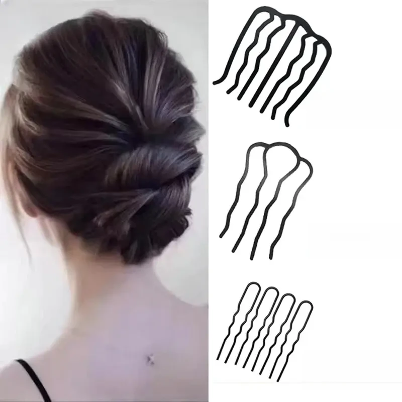 丸子头百搭时尚铁质编发簪U简约簪簪发工具盘头发簪子四齿梳盘发