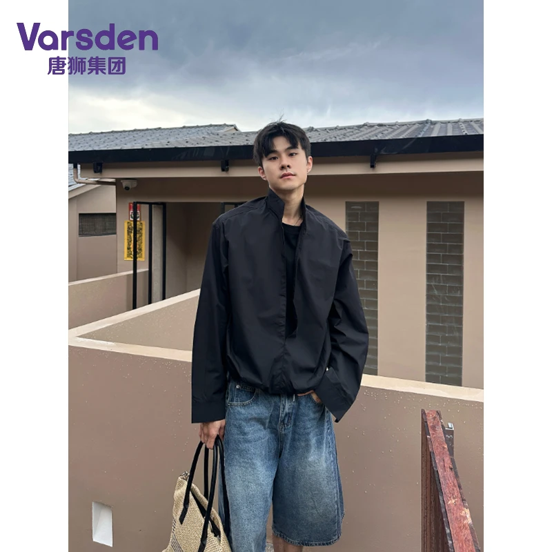 唐狮集团Varsden冰丝复古假两件V领衬衫外套男秋季老钱高智风上衣